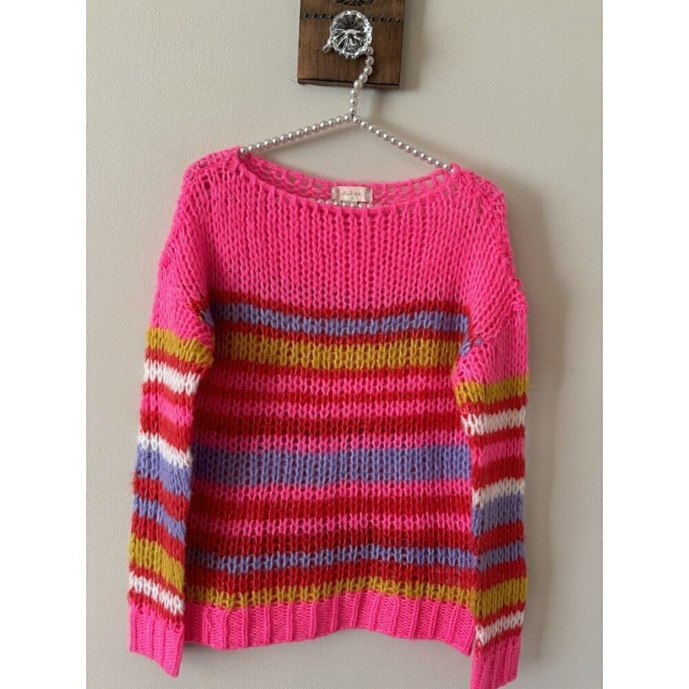 Altar'd State Womens Size XS Open Knit Sweater Bright Pink Stripe - Picture 1 of 4
